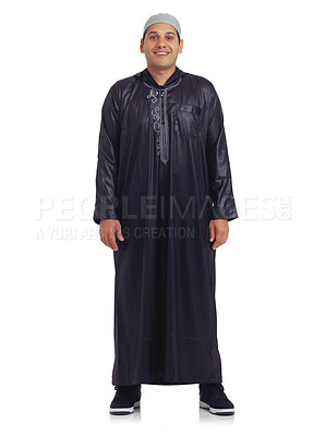 Buy stock photo Muslim clothes, happy man and portrait at white background standing in studio or isolated islamic culture. Moslem person, religion and arabic for eid mubarak, spiritual worship and fasting in ramadan