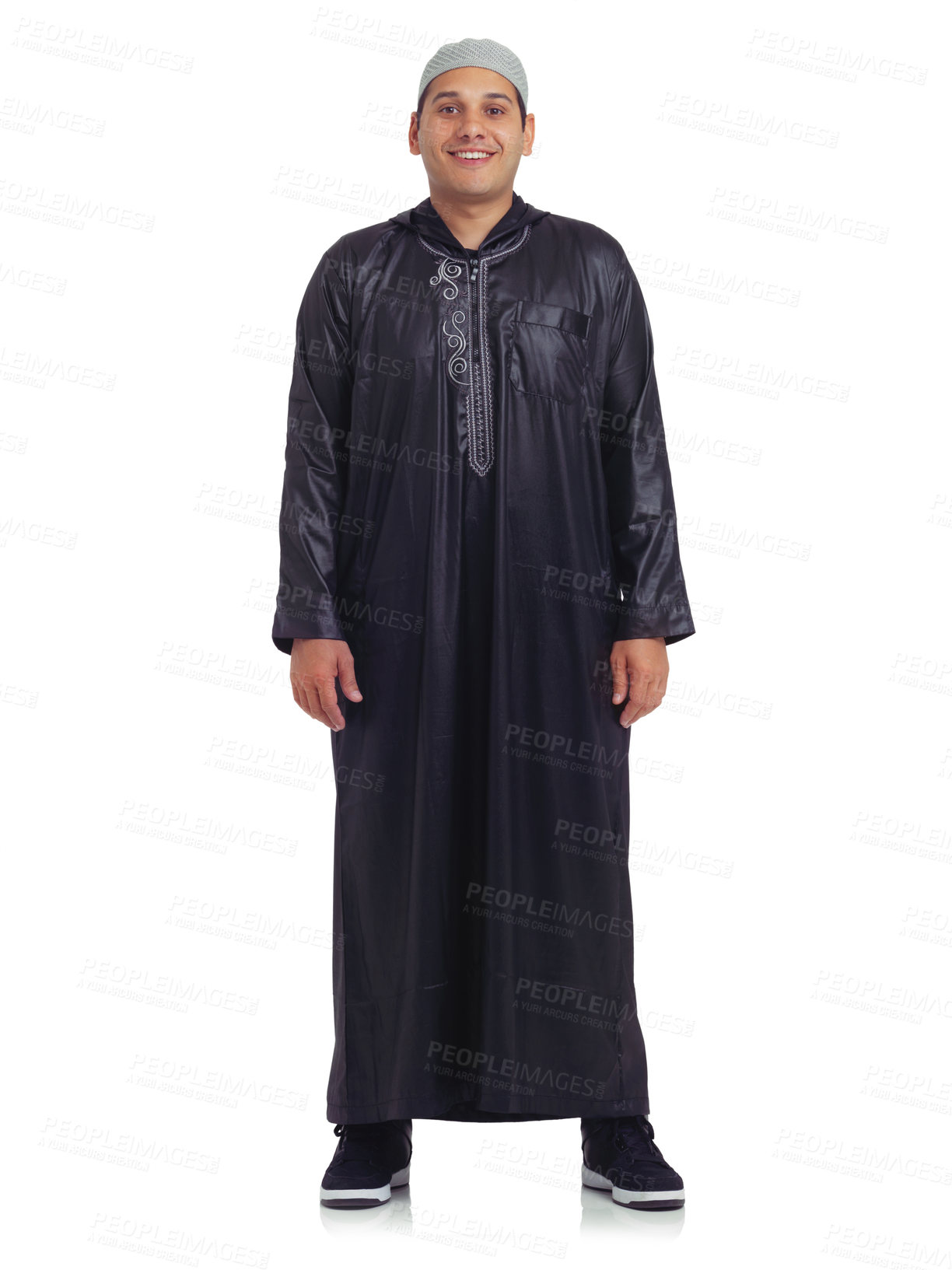 Buy stock photo Muslim clothes, happy man and portrait at white background standing in studio or isolated islamic culture. Moslem person, religion and arabic for eid mubarak, spiritual worship and fasting in ramadan