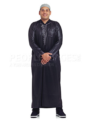 Buy stock photo Muslim, religion and happy man portrait with a islamic dress with a smile about faith. White background, isolated and young arabic person smiling with happiness and culture in a studio alone