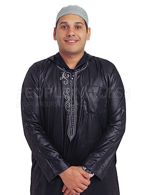 Buy stock photo Muslim man, smile and isolated on a white background standing with hands together for profile. Portrait of happy islamic or arabic male smiling in traditional clothing against white studio background