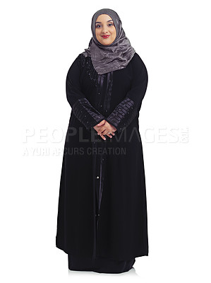 Buy stock photo Fashion, Muslim and portrait of woman on a white background with confidence, elegance and empowerment. Culture, religion and female model isolated in studio with Islamic, cultural and Arabian clothes