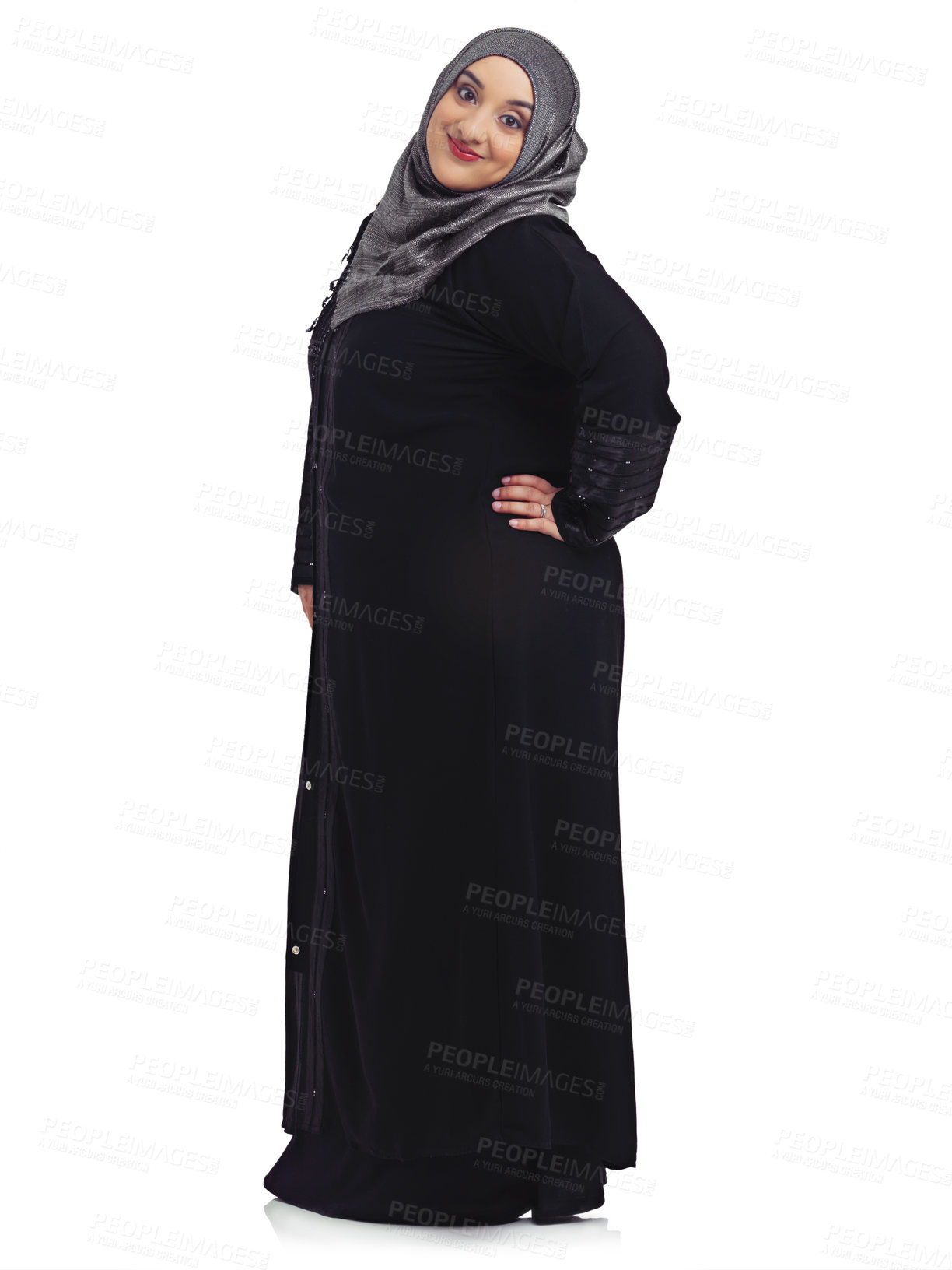 Buy stock photo Fashion, Muslim  and portrait of woman on a white background with confidence, elegance and happy attitude. Culture, religion and female isolated in studio with Islamic, cultural and Arabian clothes