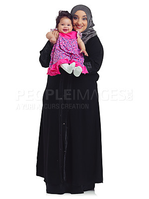 Buy stock photo Islam, body portrait of mother and baby, proud mama happy in hijab and isolated on white background. Love, family and growth, muslim woman with toddler daughter and Islamic culture in studio in Egypt