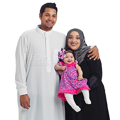 Buy stock photo Muslim portrait, happy family and parents with a baby for Islam religion love, peace and arab culture. Smile of islamic woman, man and child together for eid or ramadan isolated on a white background