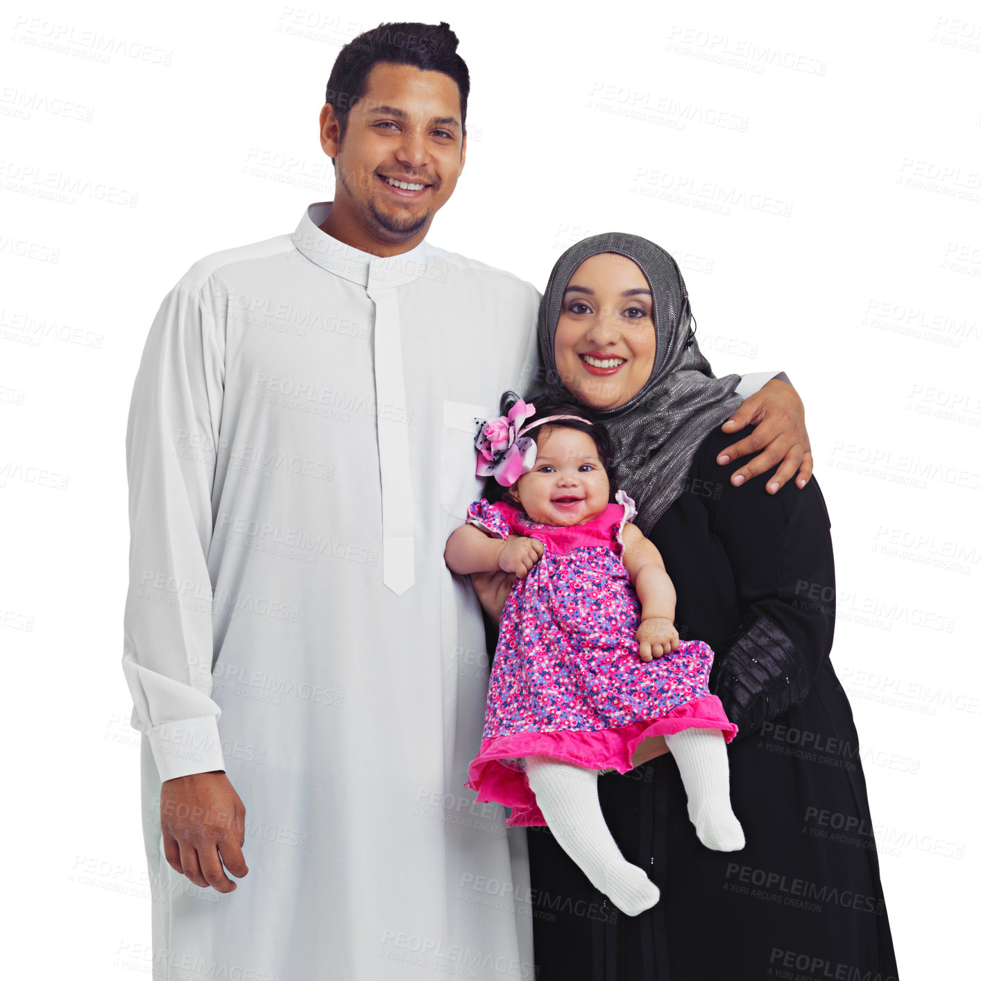 Buy stock photo Muslim portrait, happy family and parents with a baby for Islam religion love, peace and arab culture. Smile of islamic woman, man and child together for eid or ramadan isolated on a white background