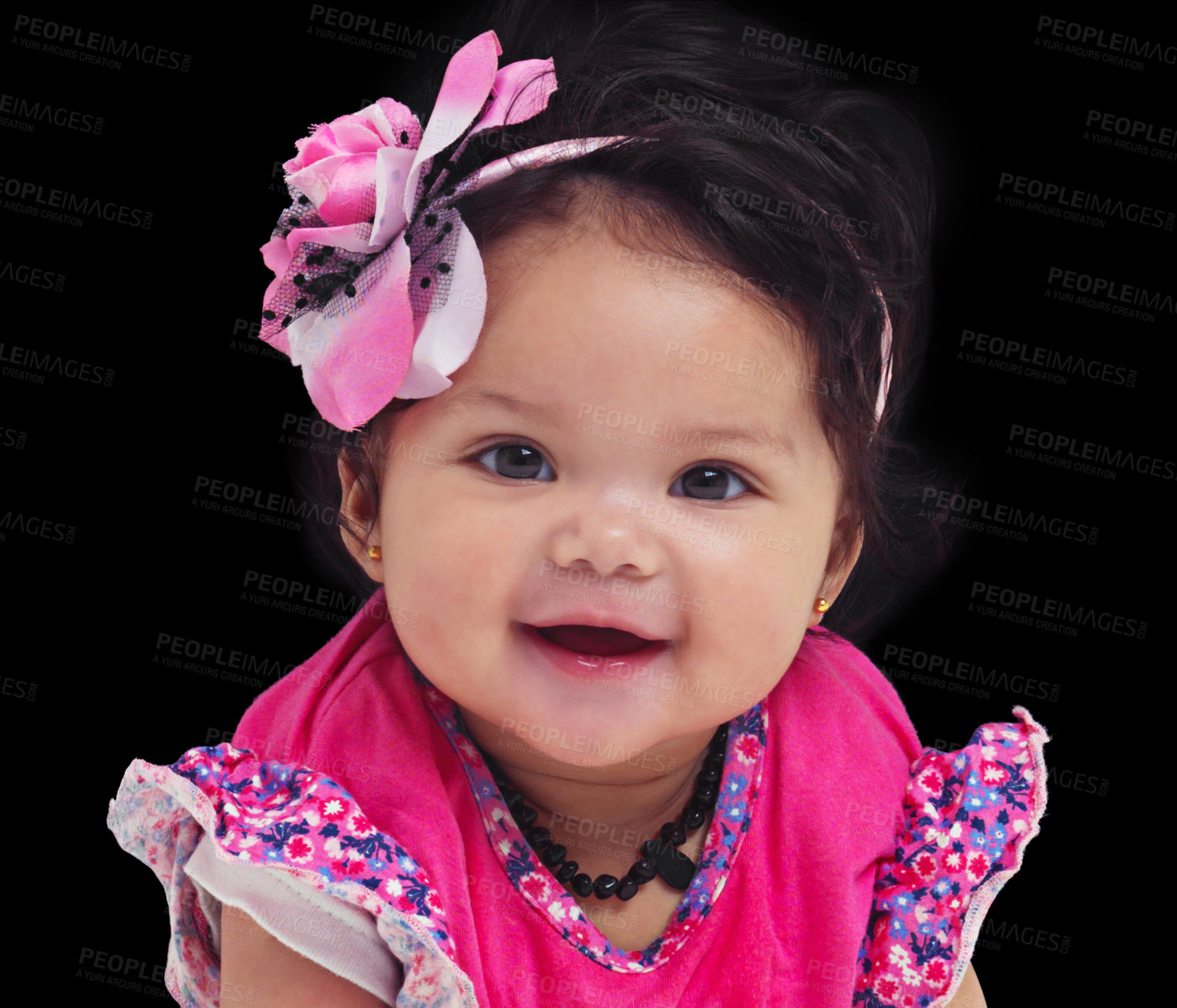 Buy stock photo Portrait, girl or innocent with a baby in studio on a black background in floral clothes. Kids, flower and development with a female child on dark space for cute or adorable product placement