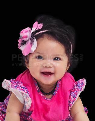 Buy stock photo Portrait, baby and girl with a newborn infant in studio on a black background in floral clothes. Kids, flower and development with a female child on dark space for cute or adorable product placement