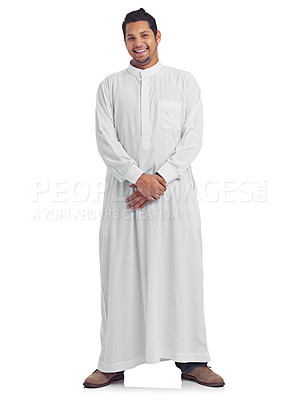 Buy stock photo Islamic clothes, muslim man and studio portrait isolated on white background for arabic culture. Holy moslem guy, religion and peace for eid mubarak, spiritual worship and fasting in ramadan to allah