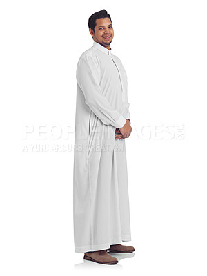 Buy stock photo Islamic, muslim and happy man portrait with a islam thobe with a smile about religion and faith. White background, isolated and arabic person smiling with happiness and culture in a studio alone