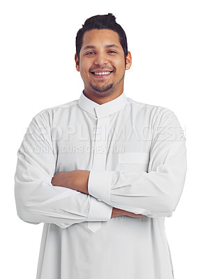 Buy stock photo Muslim man, studio portrait and arms crossed isolated on white background for religion, arabic clothes and faith. Happy moslem guy, spiritual leader and trust with smile, holy ramadan and eid mubarak