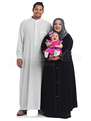 Buy stock photo Muslim family, portrait and happy parents with a baby in studio for Islam religion, love and peace. Arab woman, man and child together for Islamic culture eid or ramadan isolated on white background
