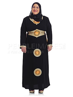 Buy stock photo Fashion, white background and portrait of senior Muslim woman with confidence, elegance and happy attitude. Culture, religion and female isolated in studio with Islamic, cultural and Arabian clothes
