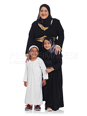 Buy stock photo Muslim family, mother and children portrait in studio with hijab clothes for Islam religion, love and peace. Arab woman and kids together for Islamic culture eid isolated on a white background