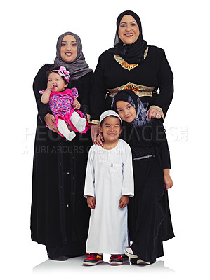 Buy stock photo Muslim family, women and children portrait together in studio with hijab clothes for Islam religion and culture. Arab mother, grandmother and kids together for eid isolated on a white background
