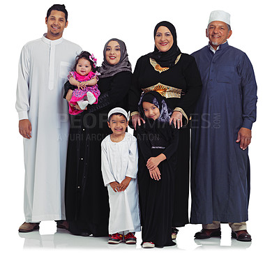Buy stock photo Big family, happy portrait and children, parents and grandparents together for Islam religion eid. Happy arab women, men and kids from Islamic culture in ramadan isolated on a white background