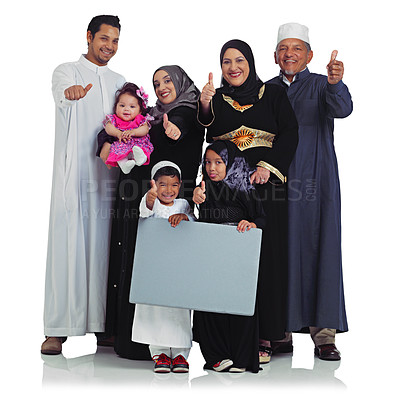 Buy stock photo Muslim family, thumbs up portrait and poster space with children and parents together for Islam religion. Arab women, men and kids with banner sign for eid and support isolated on a white background