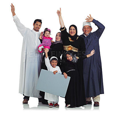 Buy stock photo Muslim family, winning portrait and poster space with children and parents celebrate Islam religion. Arab women, men and kids with banner sign for peace and support isolated on a white background
