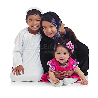 Buy stock photo Portrait, children and muslim with a girl, boy and sister in studio isolated on a white background for religion or belief. Family, kids or islam with a brother and siblings on blank space for love