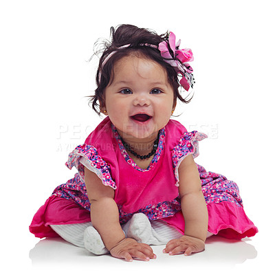 Buy stock photo Portrait, baby and girl in studio with flowers, happy and cute against white background space. Child, face and mexican kid smile, relax and curious while playing, laugh and sitting on floor isolated
