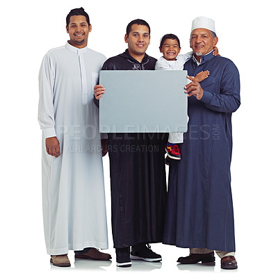 Buy stock photo Muslim family, men portrait and poster space with a happy child and people together for Islam religion. Arab dad and males with banner sign for eid, charity and support isolated on a white background