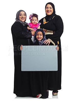 Buy stock photo Muslim family, portrait and poster space with children, mother and grandmother together in hijab. Islam religion peace banner with women and kids together for advertising isolated on white background