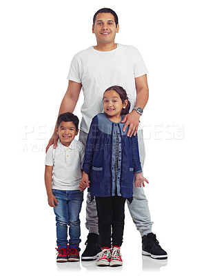 Buy stock photo Family, happy portrait and children with their father in studio for happiness, love and care. Smile of a man and kids isolated on a white background for bonding time, support and belonging or trust