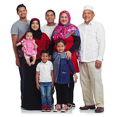 Buy stock photo Muslim family, studio portrait and love of children, parents and grandparents together for Islam religion. Arab kids, women and men happy for eid, support and care isolated on a white background