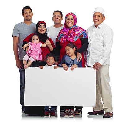 Buy stock photo Poster, portrait and muslim family with space for advertising Islam religion with children, men and women. Islamic people and kids with banner sign for eid promotion isolated on a white background