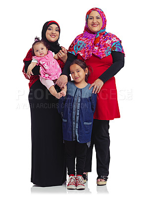 Buy stock photo Muslim women, portrait and family with children in studio for Islam religion, love and peace in studio. Arab mother, grandmother and kids together for Islamic culture isolated on a white background