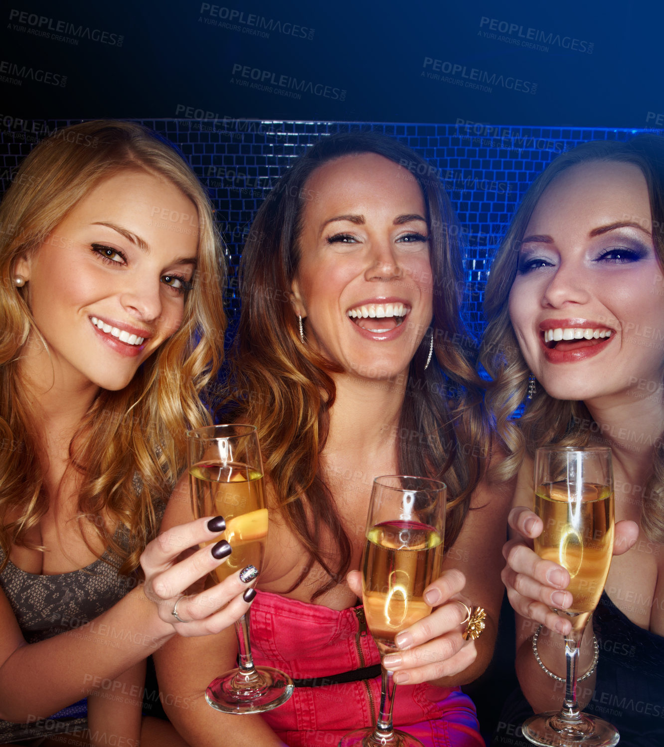 Buy stock photo Champagne, women and friends smile in portrait in nightclub, new year party celebration and holiday happy hour. Happy people with alcohol drinks, celebrate and get drunk with social event and club.