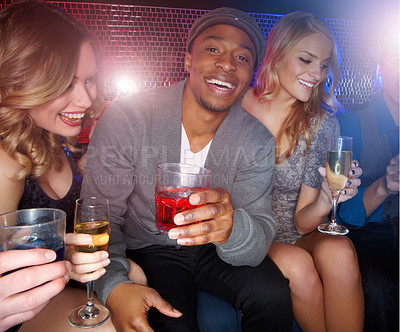 Buy stock photo Happy, group and people with drink at nightclub of night out, festive celebration and New Years event. Bokeh, friends and date fun with alcohol of social gathering, party culture and bonding together