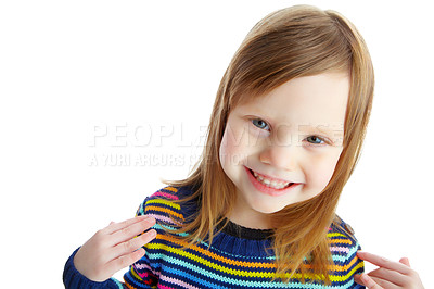 Buy stock photo Portrait of a cute little girl smiling while isolated against a white background while gesturing to herself