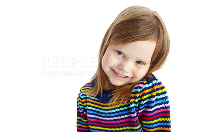 Buy stock photo Portrait of a cute little girl smiling while isolated against a white background