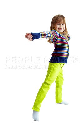 Buy stock photo Full length portrait of a cute little girl smiling while isolated against a white background