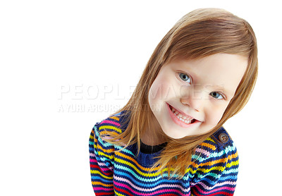 Buy stock photo Portrait of a cute little girl smiling while isolated against a white background