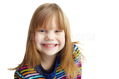 Buy stock photo Portrait of a cute little girl smiling while isolated against a white background