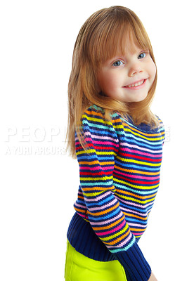 Buy stock photo Portrait of a playful little girl smiling while isolated against a white background