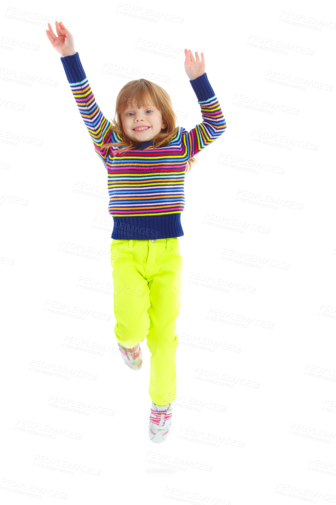 Buy stock photo Portrait, smile and jump with girl in studio for child development, youth and energy. Happiness, kindergartener and preschool with young kid on white background for cute, playful and creative