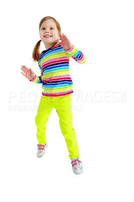 Buy stock photo Full length portrait of a playful little girl smiling while isolated against a white background