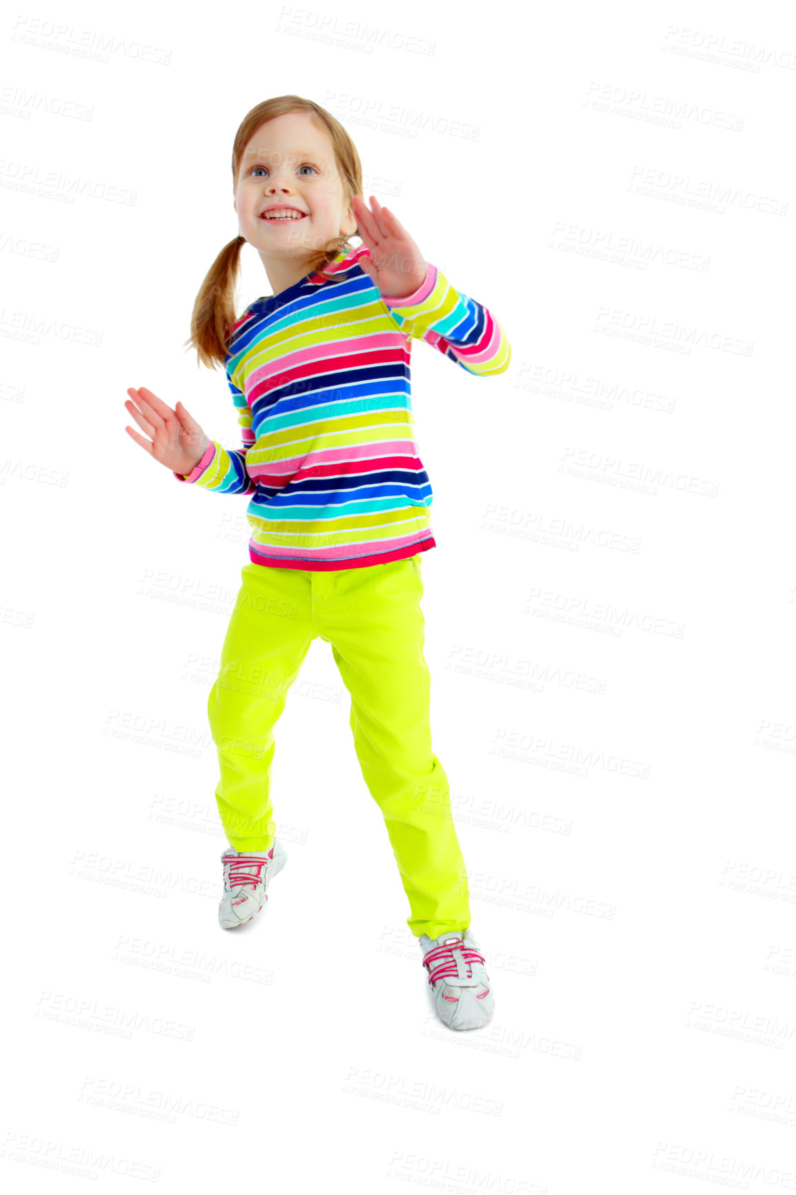 Buy stock photo Fashion, smile and dance with girl in studio for child development, youth and energy. Happiness, kindergarten and preschool with young kid on white background for cute, playful and creative