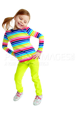 Buy stock photo Portrait of a playful little girl smiling and dancing while isolated against a white background