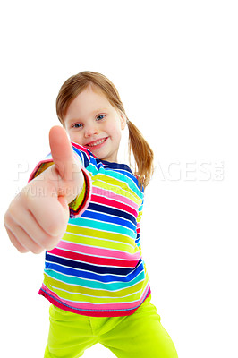 Buy stock photo Portrait of a playful little girl smiling and giving a thumb's up while isolated against a white background