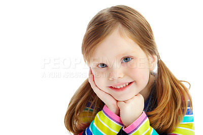 Buy stock photo Portrait of a little girl with pigtails smiling while isolated against a white background