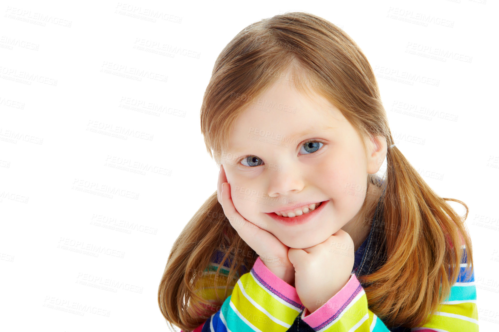 Buy stock photo Portrait of a little girl with pigtails smiling while isolated against a white background