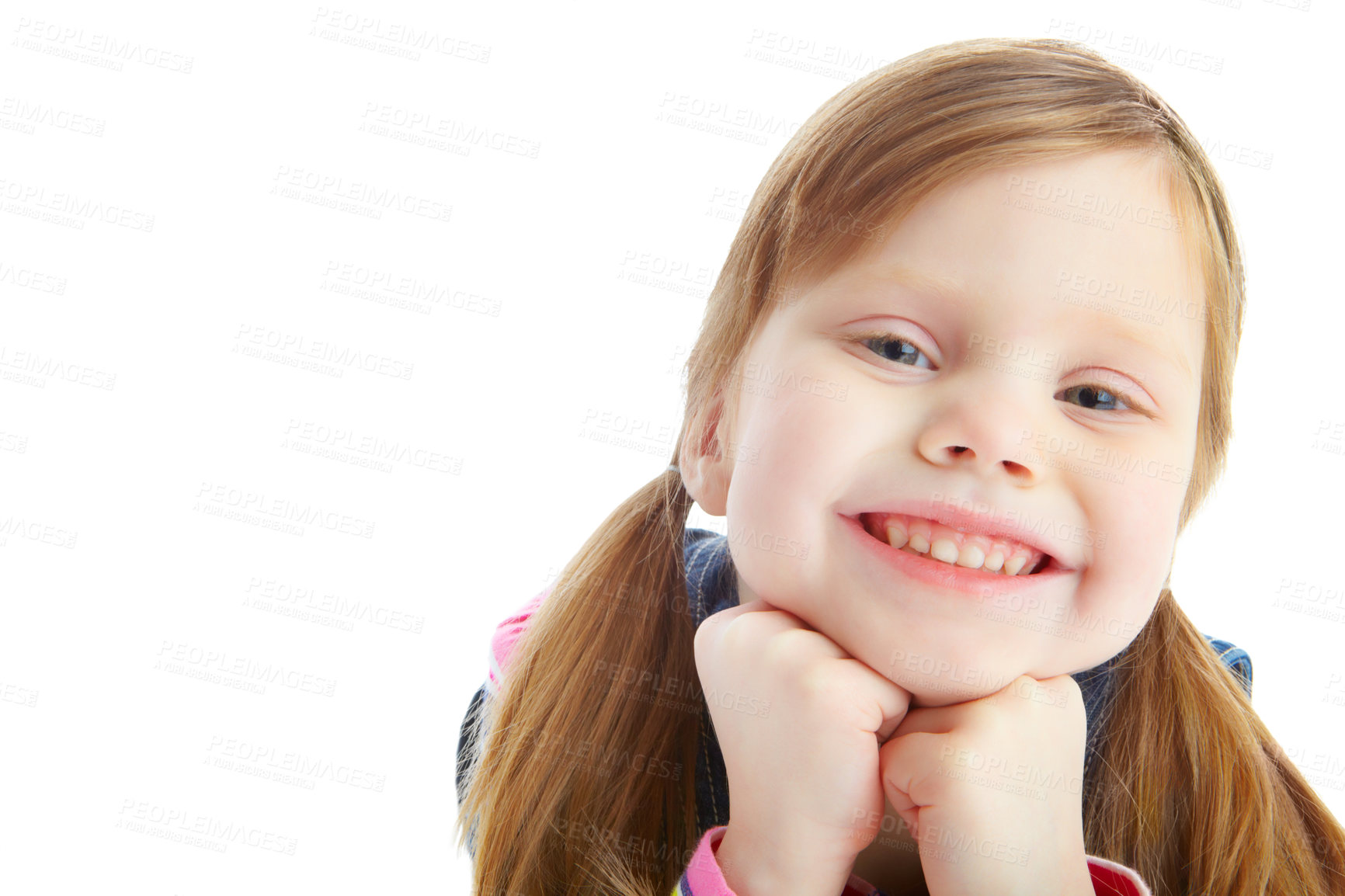 Buy stock photo Portrait, cute and mockup with girl in studio for child development, youth and energy. Happiness, kindergartener and preschool with young kid on white background for smile, playful and childhood