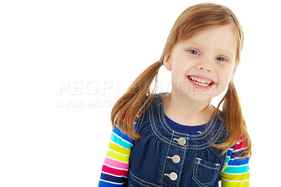 Buy stock photo Portrait of a little girl with pigtails smiling while isolated against a white background