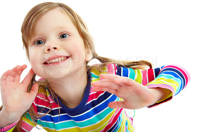 Buy stock photo Excited, smile and fashion with girl in studio for child development, youth and energy. Happiness, kindergartener and preschool with kid on white background for cute, playful and creative growth