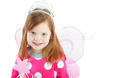 Buy stock photo Portrait of a playful little girl smiling while dressed as a fairy and isolated against a white background