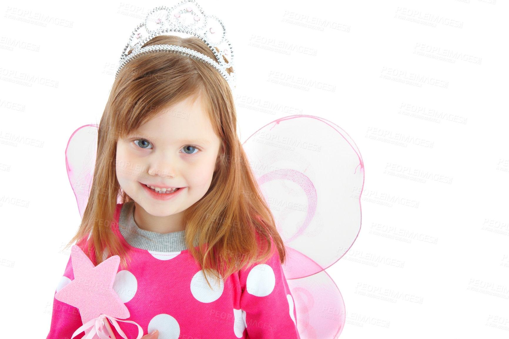 Buy stock photo Portrait of a playful little girl smiling while dressed as a fairy and isolated against a white background