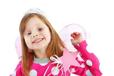 Buy stock photo Portrait of a playful little girl smiling while dressed as a fairy and isolated against a white background